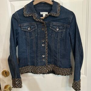 Coldwater Creek Woman’s Jean Jacket Size 8P  Blue Denim Pockets Trim Fringe